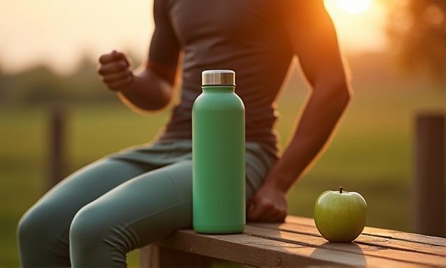 Persona activa bebiendo agua y comiendo fruta